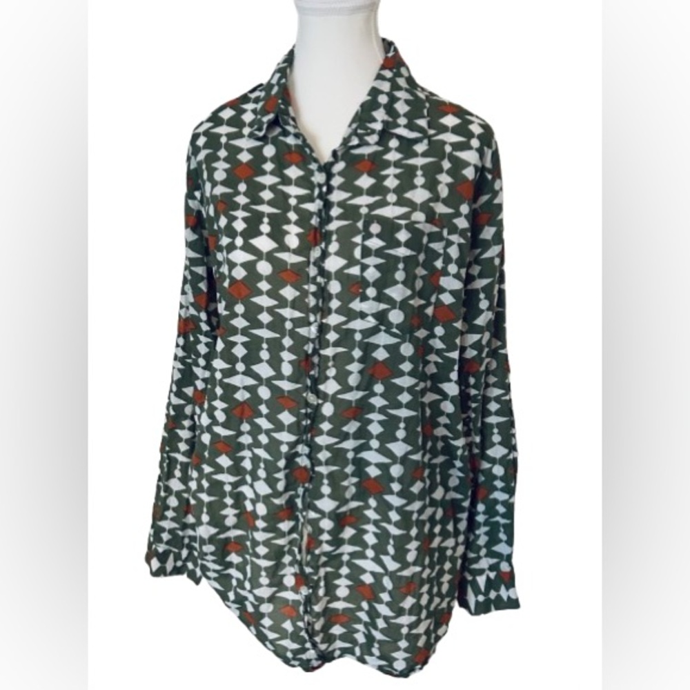 Kikisol Diamond Mod Button-Up Shirt Blouse LG Blouse Top Geometric Green Orange